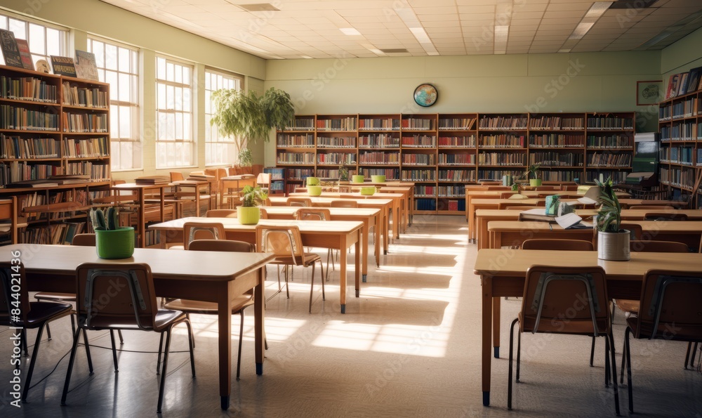 An empty classroom with lots of desks and bookshelves An empty classroom with lots of desks and bookshelves