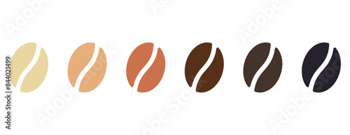 Coffee strength scale, different colour beans to show intensity or roast, vector illustration isolated on white background. Coffee beans showing various stage of roasting.