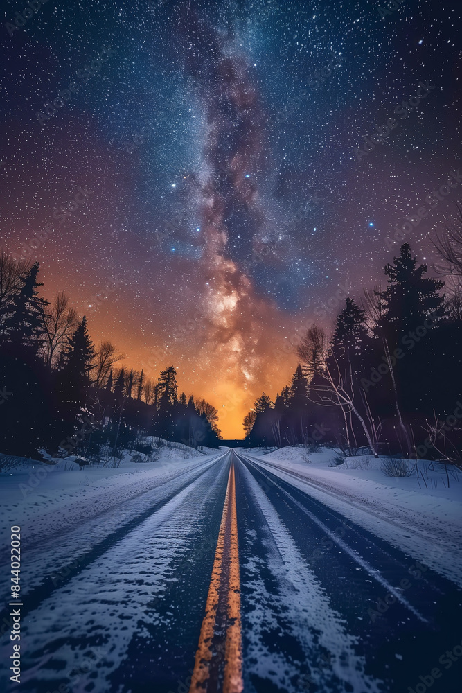 Road leading towards colorful sunrise between snow covered trees with epic milky way on the sky background Road leading towards colorful sunrise between snow covered trees with epic milky way on the sky background