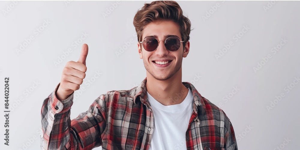 Smiling young man in sunglasses pointing with thumb up beside white wall Smiling young man in sunglasses pointing with thumb up beside white wall