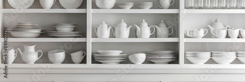 Dishware set in white shelving unit, tableware shelf, kitchen interior, clean white mugs, plates, glass tableware