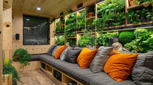 A modern living room with a green wall filled with potted plants and a comfortable couch with colorful cushions