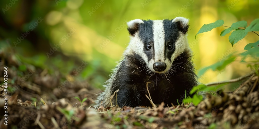Badger, sitting in the woods looking at the camera. Badger, sitting in the woods looking at the camera.