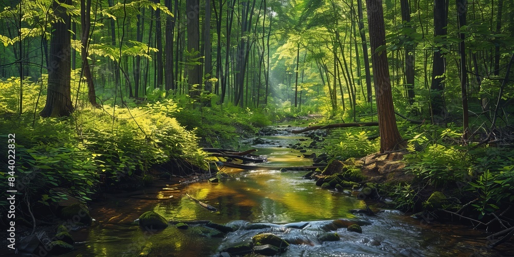 A stream gracefully winds its way through a dense forest, surrounded by vibrant green trees and foliage. A stream gracefully winds its way through a dense forest, surrounded by vibrant green trees and foliage.