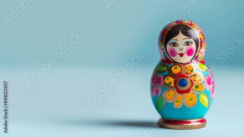 A beautiful hand-painted wooden Russian nesting doll with a floral design on a blue background. © stocker