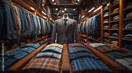 A single stunning suit flanked by neatly arranged ties and shirts on wooden shelves in a luxury fashion store