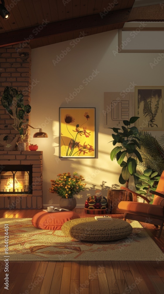 Retro 1970s Minimalist Living Room with Cozy Sunken Conversation Area and Vintage Decor Retro 1970s Minimalist Living Room with Cozy Sunken Conversation Area and Vintage Decor