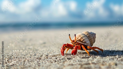 Cute hermit crab with red pincers walks on the sandy beach near the ocean. The crab has found a new shell and is exploring its surroundings.