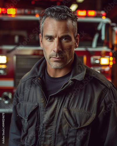 Handsome firefighter in uniform, with a firetruck in the background