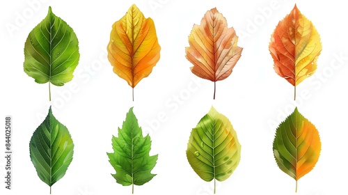 A set of eight watercolor leaves. The leaves are in various stages of changing color  from green to yellow to orange to red.