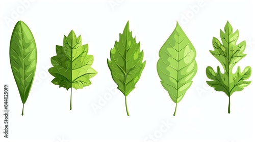 A set of five green leaves of different shapes. The leaves are all flat and have a smooth surface.