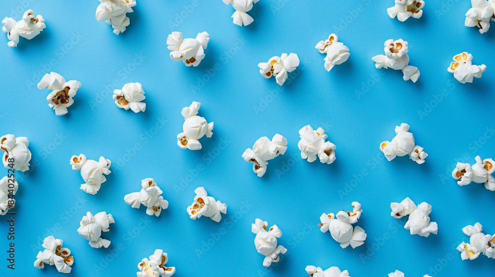 Playful top view of white popcorn scattered on blue background, holiday snack concept
