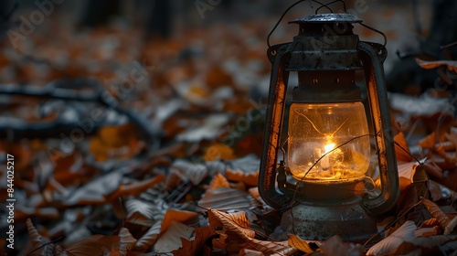 A glowing lantern sits on a bed of fallen leaves in a dark forest. The warm light from the lantern casts a cozy glow on the surrounding leaves.