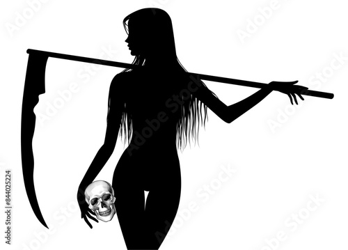 A black silhouette of a naked girl with a scythe in her hand and a human skull in engraving style on a white background. Vector illustration