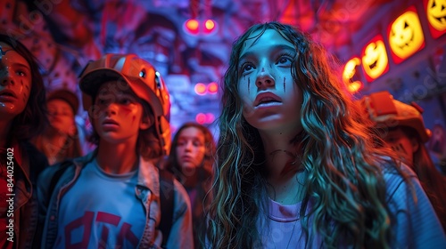 Group of teens a futuristic Halloween haunted house
