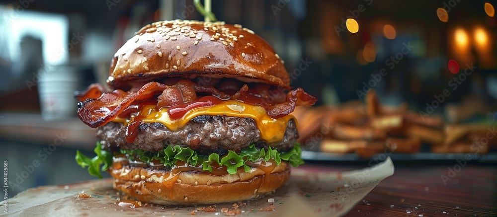 Gourmet Bacon Cheeseburger with Melted Cheddar and Arugula on a Sesame Seed Bun in a Rustic Setting
Gourmet Bacon Cheeseburger with Melted Cheddar and Arugula on a Sesame Seed Bun in a Rustic Setting