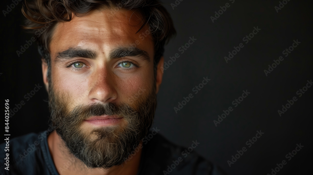 Obraz premium Portrait serious brunette man with beard against black background