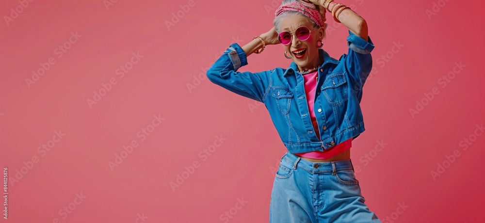 Elderly woman in denim jacket and jeans, pink sunglasses, striking playful pose with pink background Elderly woman in denim jacket and jeans, pink sunglasses, striking playful pose with pink background