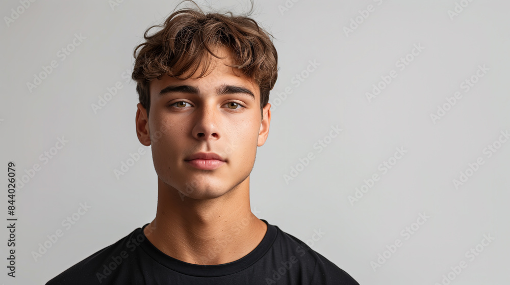 young man looking at the camera. Isolated on white background. serious face, wearing a black T-shirt young man looking at the camera. Isolated on white background. serious face, wearing a black T-shirt