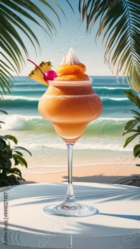 Tropical Beach Cocktail with Pineapple Garnish and Palm Leaves by the Ocean