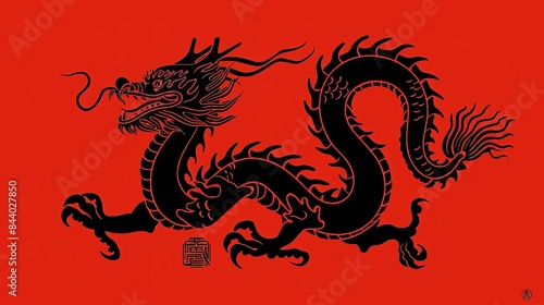 A majestic black dragon is depicted in this picture. The dragon is facing the viewer and is shown in profile.