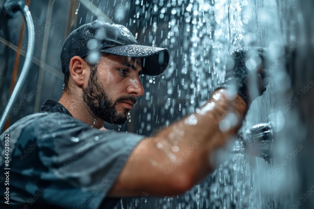 Fototapeta premium Plumber Installing Showerhead in Wet Bathroom