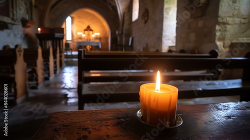 A lone candle burns in a dark church. The flickering light casts shadows on the walls and floor. © stocker