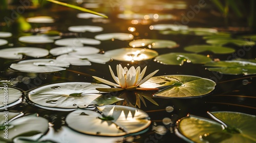 A beautiful water lily flower is in full bloom. The flower is white with a yellow center. The lily pads are green and the water is a deep blue.