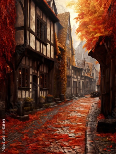 Charming medieval village street covered in vibrant autumn leaves showcasing historic timber-framed houses and a serene with nostalgic atmosphere