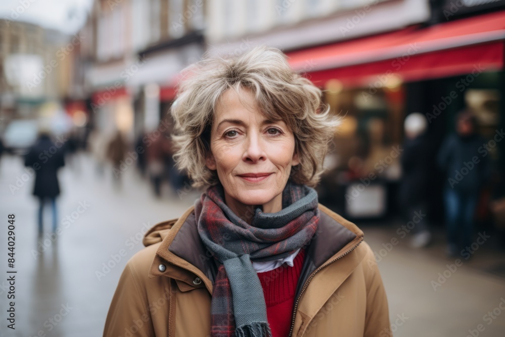 Portrait of a middle-aged woman in a coat and scarf on a city street Portrait of a middle-aged woman in a coat and scarf on a city street
