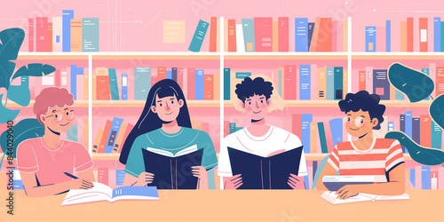 Student study together in library table, student in vector illustration
