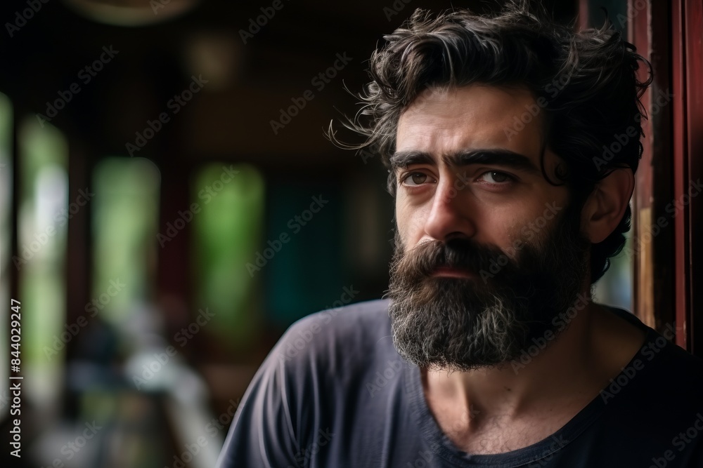 Portrait of a handsome man with long beard and mustache in a cafe Portrait of a handsome man with long beard and mustache in a cafe