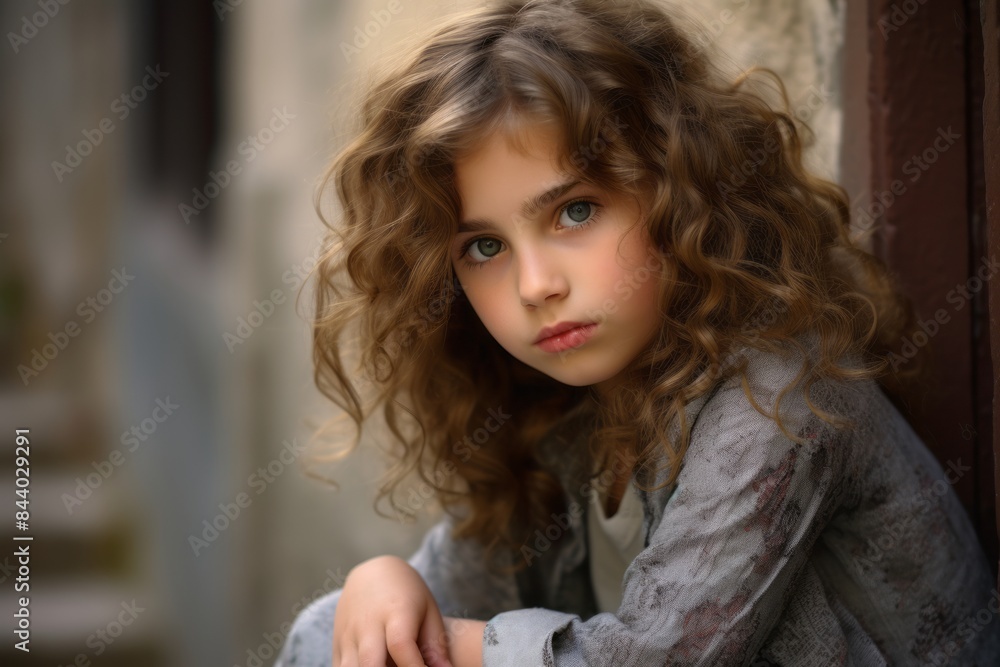 Portrait of a beautiful little girl with curly hair in the street Portrait of a beautiful little girl with curly hair in the street