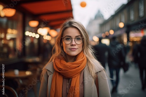 Portrait of a beautiful young woman with glasses on the background of a street cafe