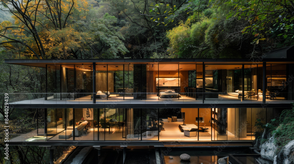 Obraz premium Modern architecture of a house with a frame deep in the mountains, cliffs and forests. Villa design with panoramic windows. Architecture and style concept.