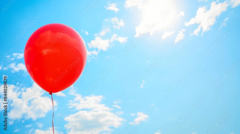 Single Red Balloon Floating in Blue Sky With White Clouds Single Red Balloon Floating in Blue Sky With White Clouds