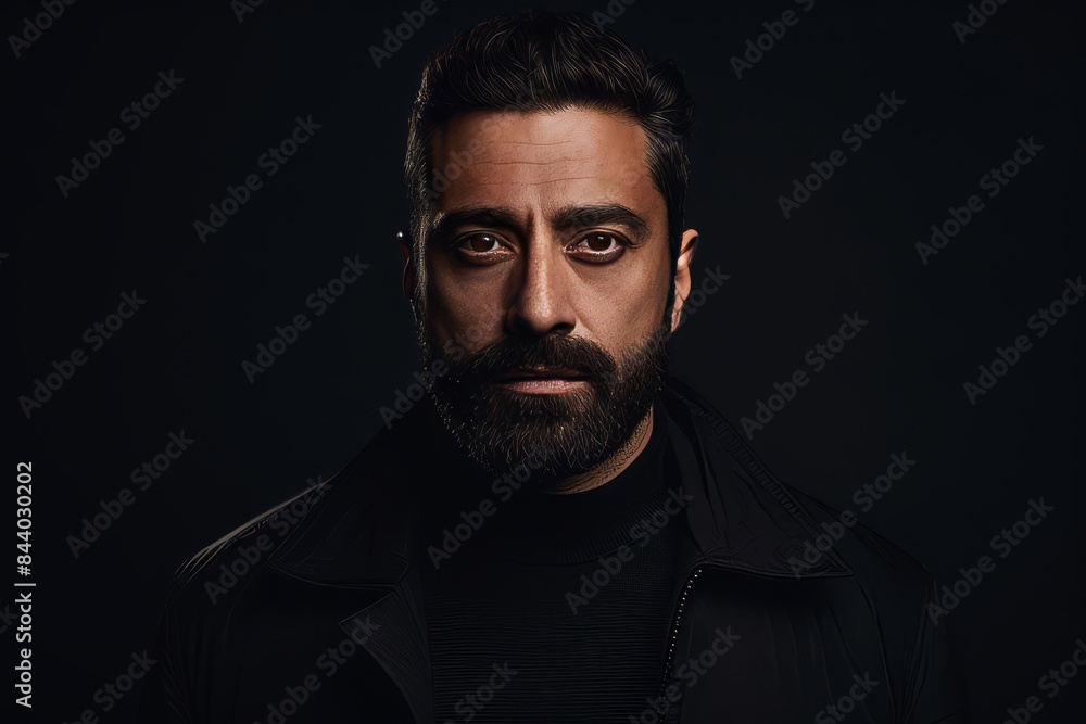 Fototapeta premium Portrait of a handsome bearded man in a black jacket on a dark background.