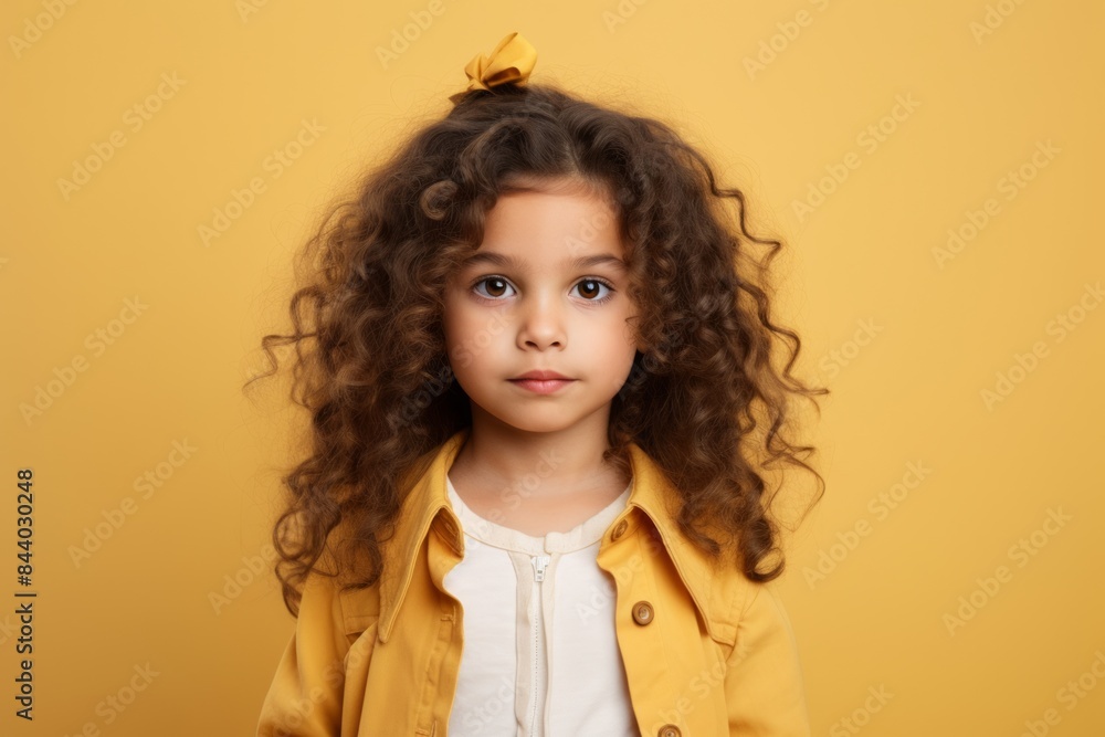 Portrait of a cute little girl with curly hair looking at camera over yellow background Portrait of a cute little girl with curly hair looking at camera over yellow background