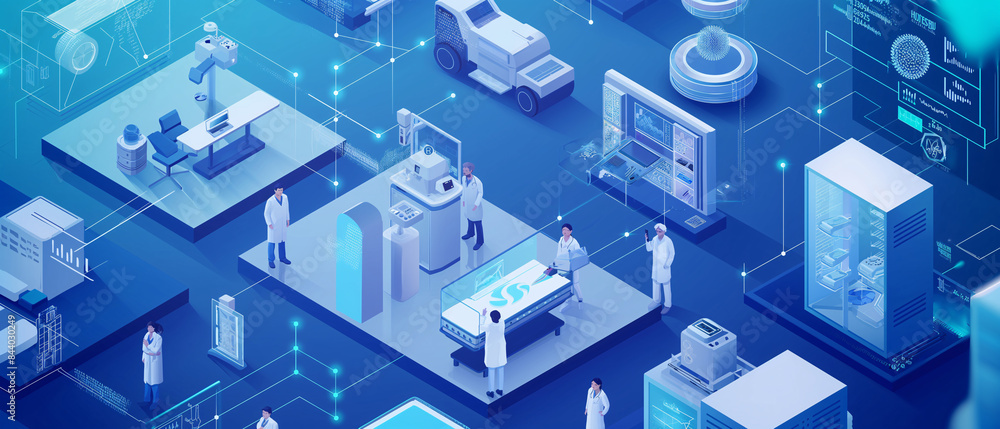 Futuristic Medical Facility with Robotic Surgeons and Advanced Technology, Isometric Illustration Futuristic Medical Facility with Robotic Surgeons and Advanced Technology, Isometric Illustration