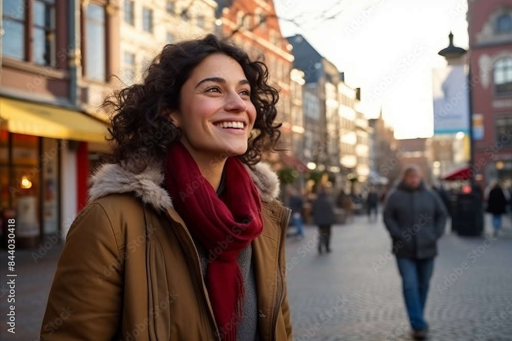 Fototapeta premium Portrait of a beautiful young woman with curly hair in the city