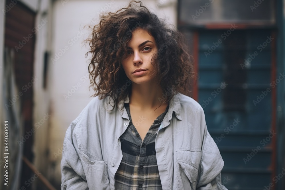 Portrait of a beautiful young woman with curly hair on the street Portrait of a beautiful young woman with curly hair on the street