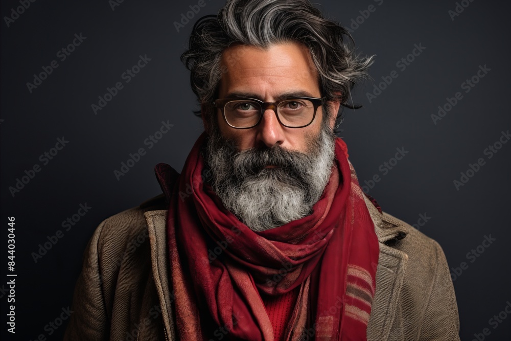 Obraz premium Portrait of a handsome bearded Indian man with glasses and a red scarf.