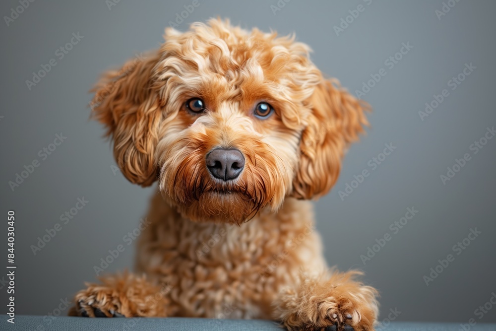 Friendly Golden Doodle Dog with Curly Fur on Plain Background Friendly Golden Doodle Dog with Curly Fur on Plain Background