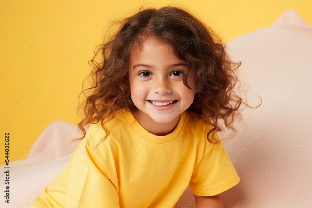 Smiling little girl with curly hair looking at camera over yellow background Smiling little girl with curly hair looking at camera over yellow background