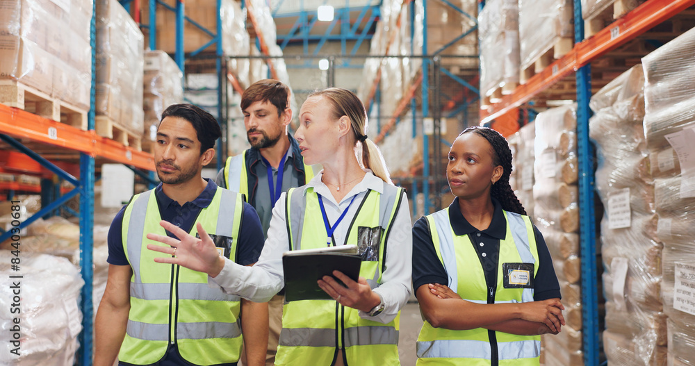 Woman, tablet and group with walking in warehouse with shelf, package or stock check with diversity. People, men and team with discussion for logistics, inventory or cargo for supply chain at factory Woman, tablet and group with walking in warehouse with shelf, package or stock check with diversity. People, men and team with discussion for logistics, inventory or cargo for supply chain at factory