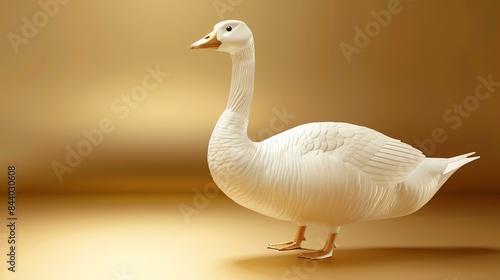 A majestic white goose stands tall and proud, its feathers gleaming in the soft light. With its golden beak and feet, it is a truly regal creature. photo