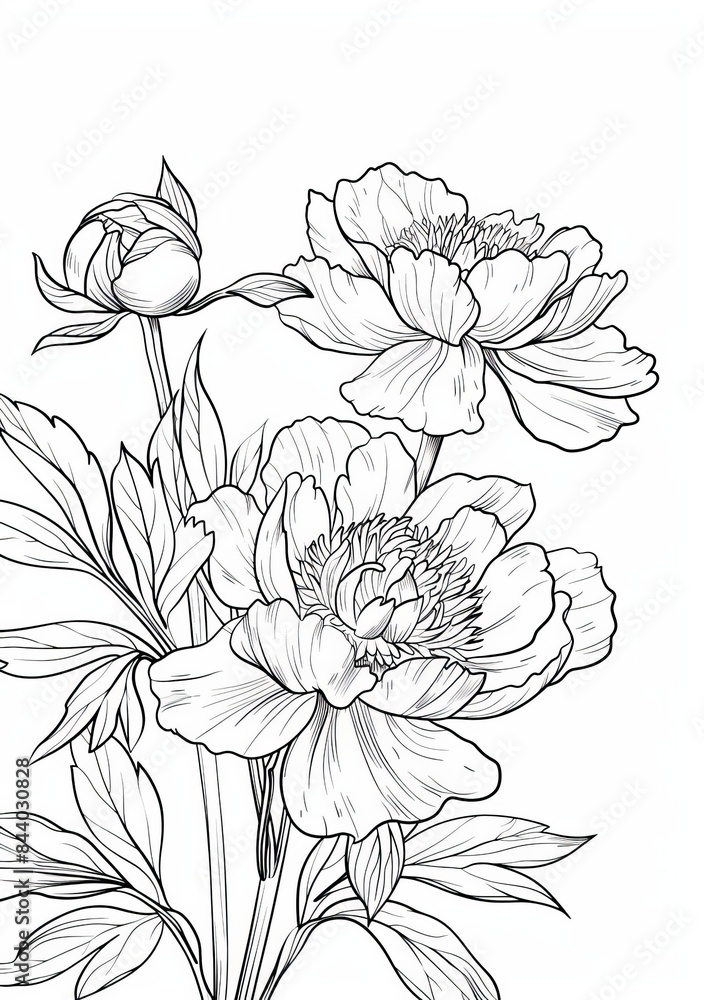 This easy coloring page features a beautiful peony flower in full bloom with delicate leaves and a bud. Perfect for adults who enjoy detailed line art and floral motifs This easy coloring page features a beautiful peony flower in full bloom with delicate leaves and a bud. Perfect for adults who enjoy detailed line art and floral motifs