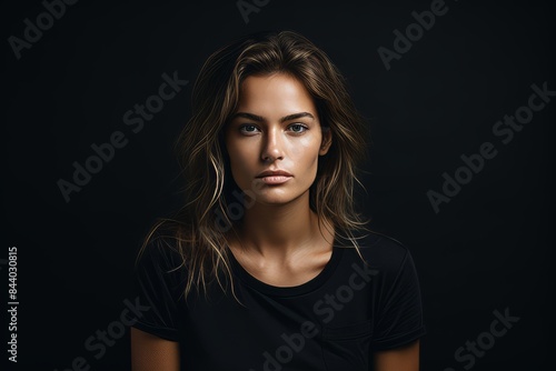 Portrait of beautiful young woman looking at camera isolated on black background