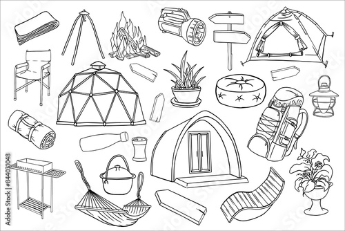 Hand drawn travel illustration. Outdoor camping doodle set. Glamping is a comfortable holiday. Gear for wild adventures. Simple vector doodle collection of campfire, tent, house, summer nights and bar