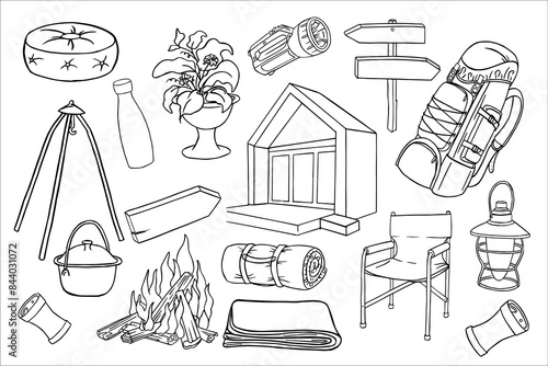 Hand drawn travel illustration. Outdoor camping doodle set. Glamping is a comfortable holiday. Gear for wild adventures. Simple vector doodle collection of campfire, tent, house, summer nights and bar